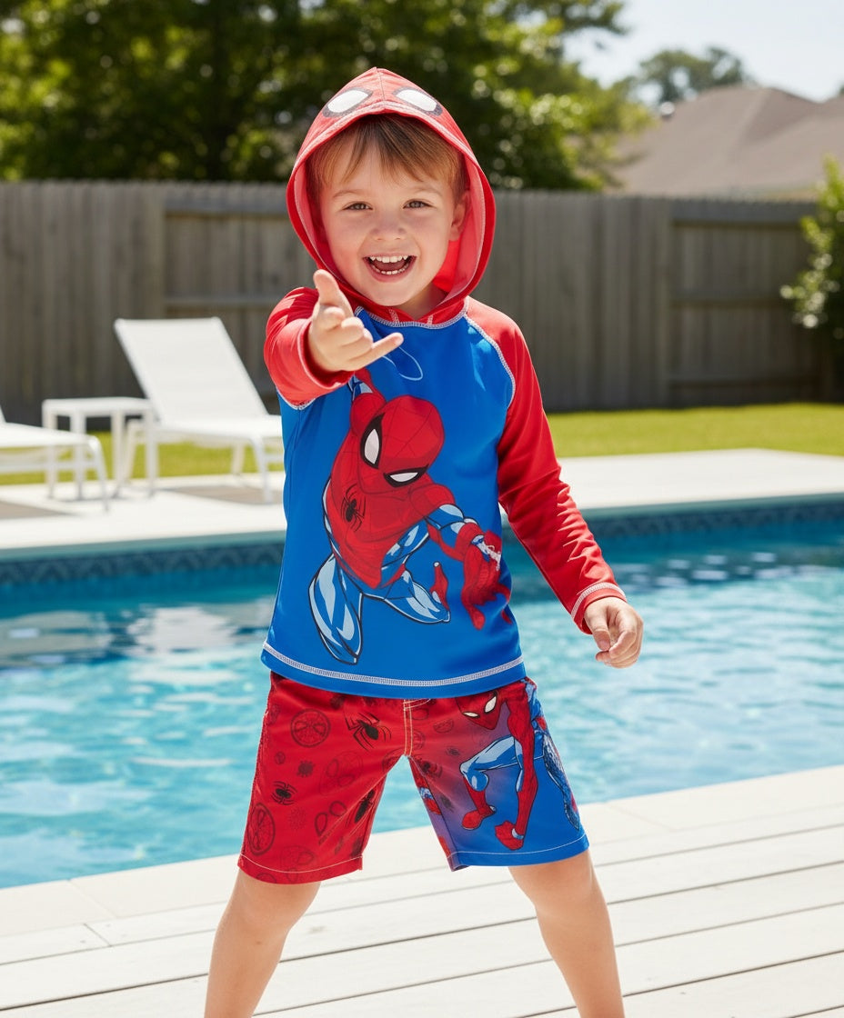 Spider-Man Little Boys Hooded Rashguard and Swim Trunks 2-Piece Swimsuit