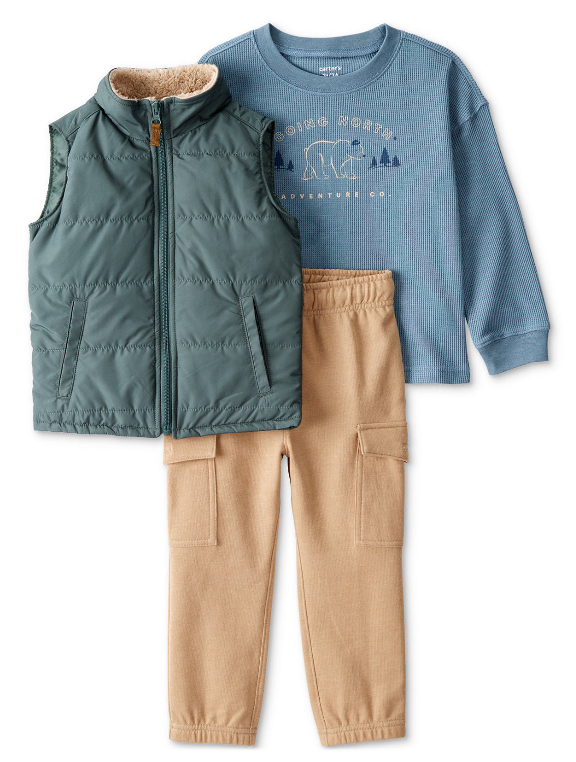 Carter's Toddler Boys Puffer Vest, Going North Graphic T-Shirt & Cargo Pants, 3-Piece Set